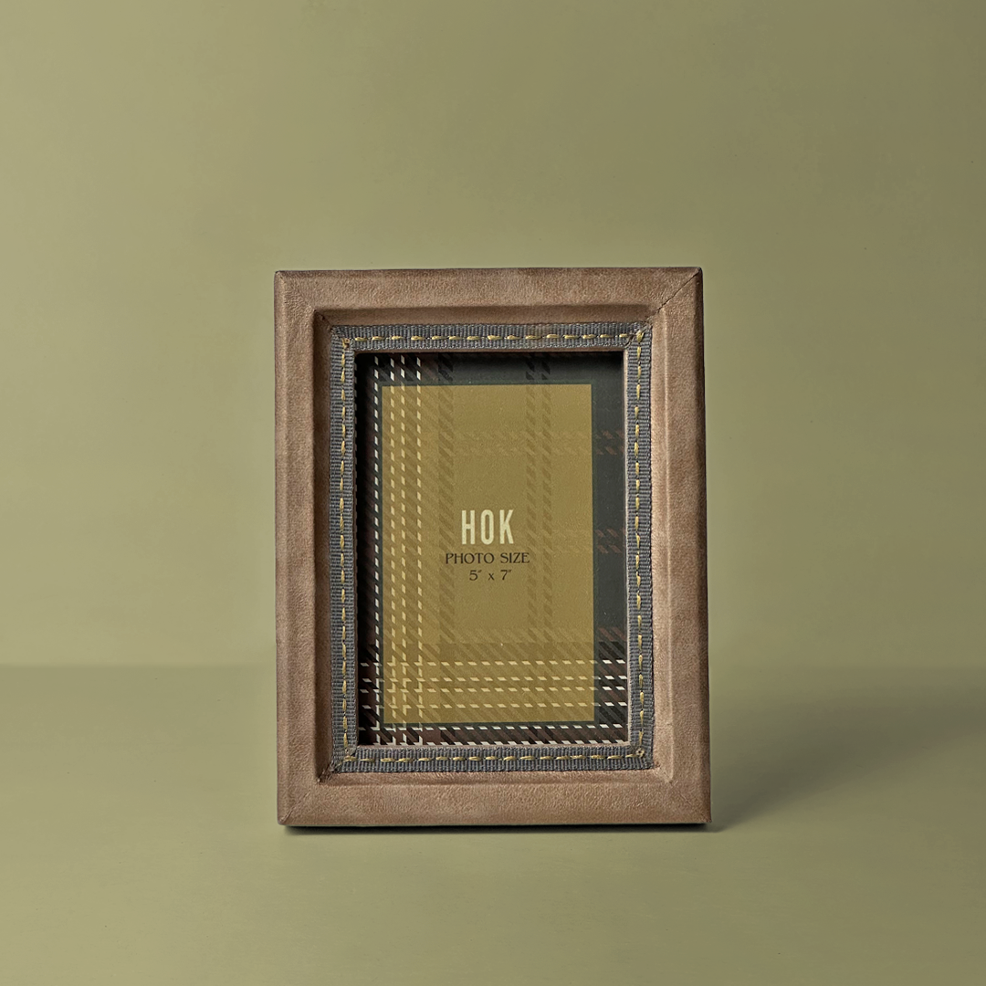 Earthy Brown Faux Leather Photo Frame with Olive Plaid Inlay – House of ...